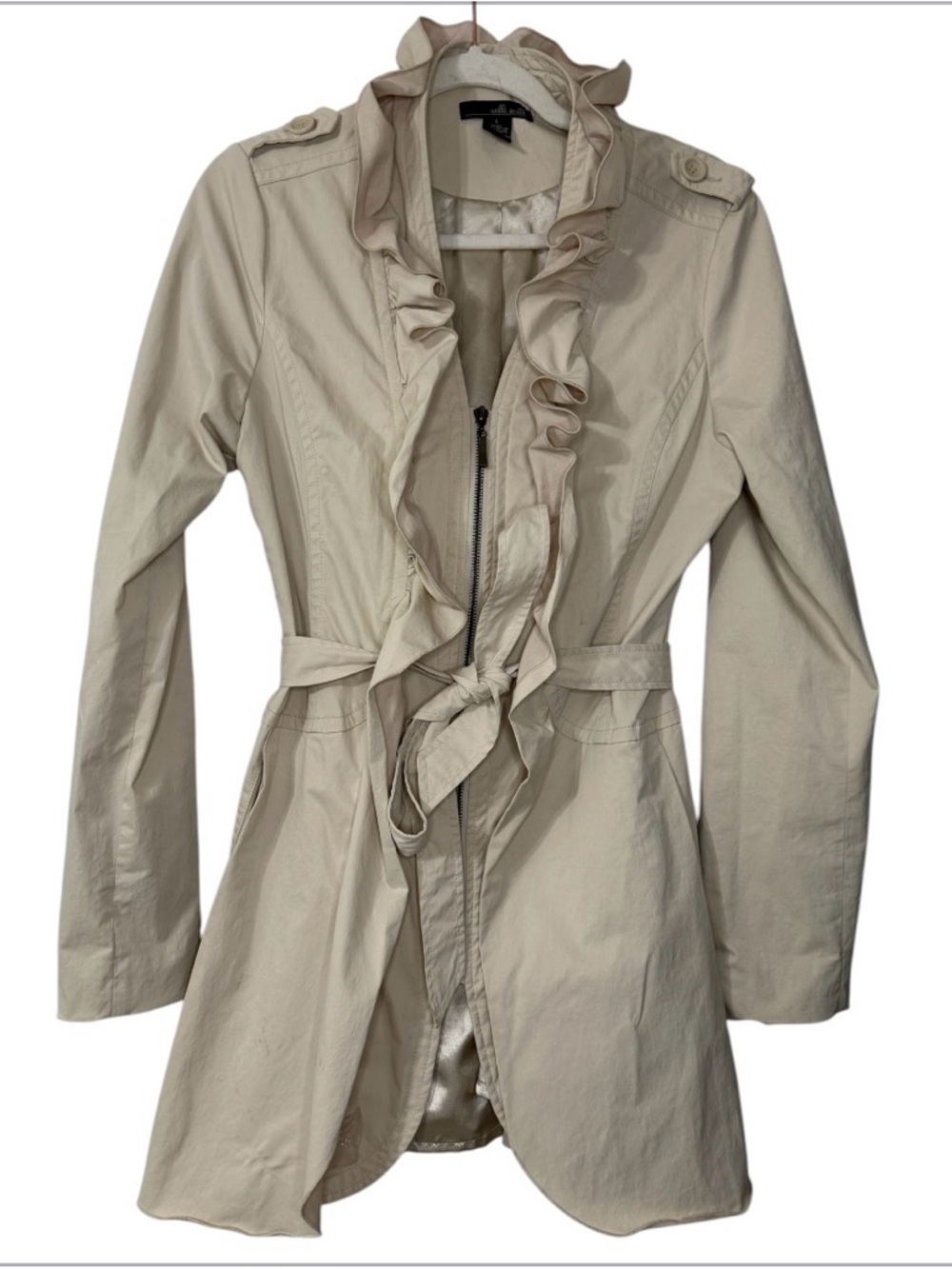 Willi Smith Light Beige Ruffle-Front Trench Coat